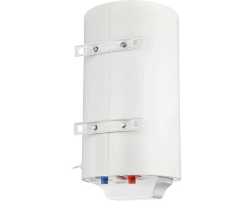 Boiler electric vertical alb pentru montare pe perete cu suporturi și conexiuni de apă albastre și roșii.