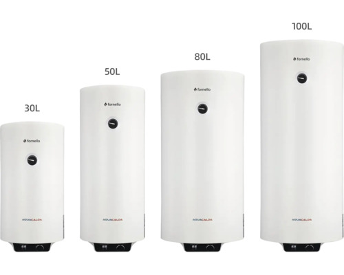 Patru boilere electrice Fornello Aquacalda albe de 30 litri, 50 litri, 80 litri și 100 litri cu indicator de temperatură.