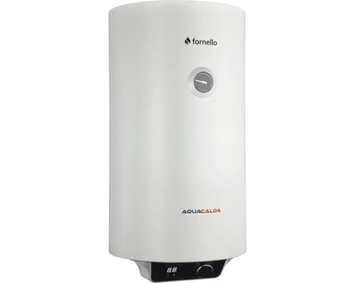 Boiler electric Fornello Aquacalda alb cu indicator de temperatură și afișaj digital.