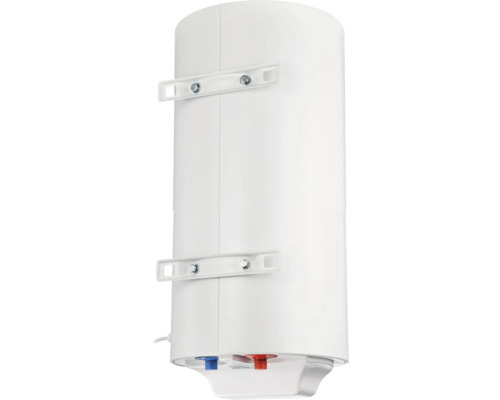 Boiler electric cilindric alb cu suporturi de perete și conexiuni de apă rece și caldă codificate prin culori.