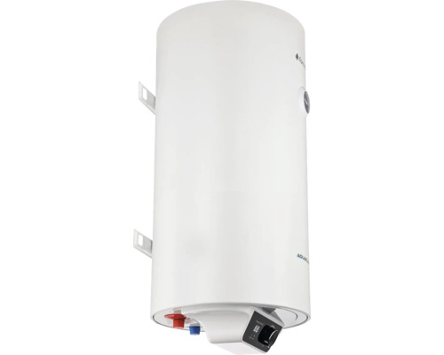 Boiler electric vertical alb cu afișaj digital, buton rotativ și suporturi de fixare pe perete.