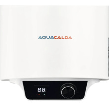 Boiler electric Aquacalda cu afișaj digital al temperaturii și buton rotativ de reglare. Logo Aquacalda.