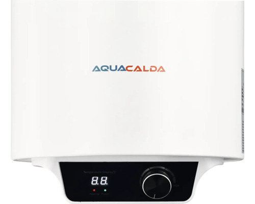 Boiler electric Aquacalda cu afișaj digital al temperaturii și buton rotativ de reglare. Logo Aquacalda.