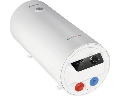 Boiler electric orizontal Fornello Aquacalda cu afișaj digital al temperaturii, buton de reglaj și suporturi de perete.