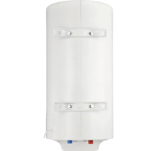 Boiler electric vertical cu corp cilindric alb, două console de montare și racorduri de apă cu coduri de culori în partea de jos.