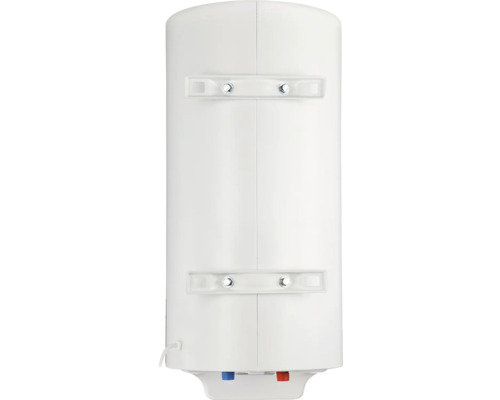 Boiler electric vertical cu corp cilindric alb, două console de montare și racorduri de apă cu coduri de culori în partea de jos.