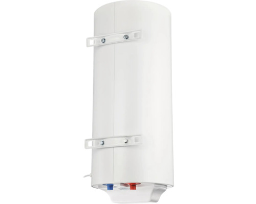 Boiler electric vertical alb cu suporturi de perete și racorduri pentru apă rece și apă caldă.
