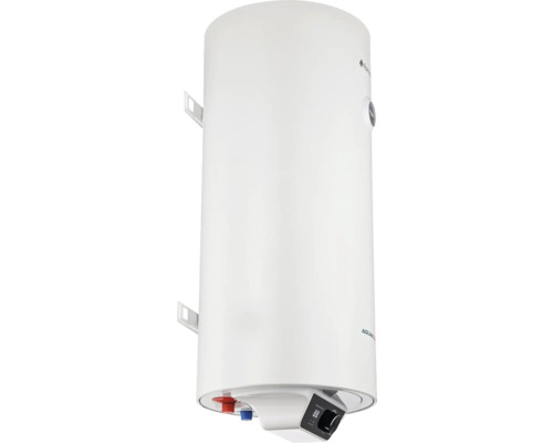 Boiler electric vertical cu afișaj digital al temperaturii, buton de reglare și suport de perete.
