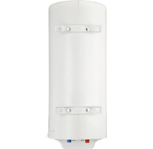 Boiler vertical alb, vedere din spate cu două suporturi de perete și racorduri pentru apă rece și apă caldă.