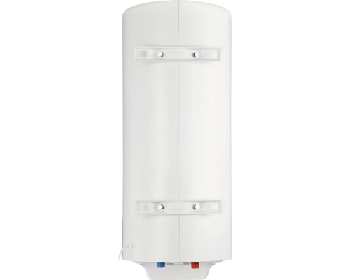 Boiler vertical alb, vedere din spate cu două suporturi de perete și racorduri pentru apă rece și apă caldă.
