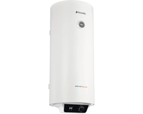 Boiler electric vertical alb Fornello Aquacalda cu afișaj digital al temperaturii și termometru.