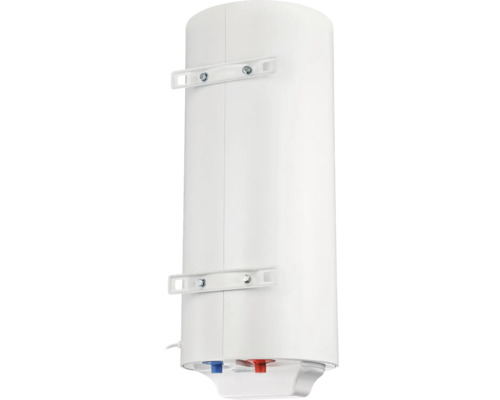 Boiler cilindric alb pentru montare pe perete, cu suporturi de fixare și racorduri de apă în partea inferioară.