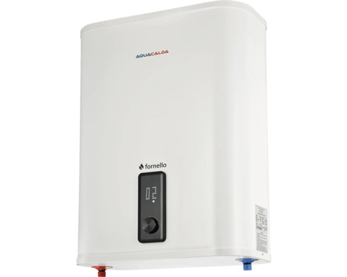 Boiler electric Fornello Aquacalda, design plat, alb, cu afișaj digital și buton rotativ.