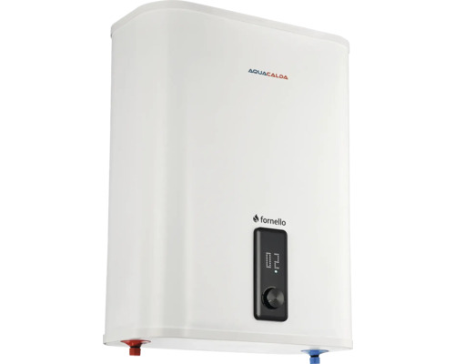 Boiler electric Aquacalda Fornello alb cu afișaj digital și buton rotativ pentru reglarea temperaturii.