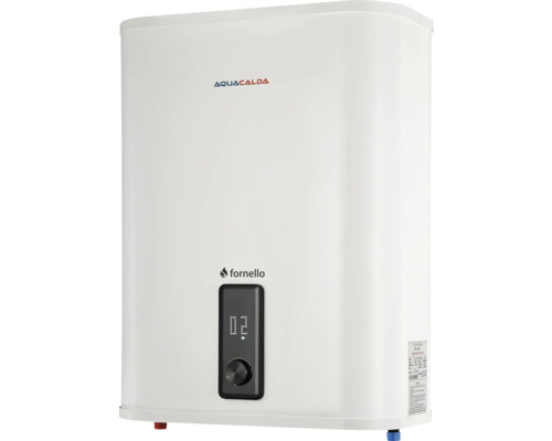 Boiler electric Aquacalda Fornello alb cu afișaj digital și buton rotativ de control negru.