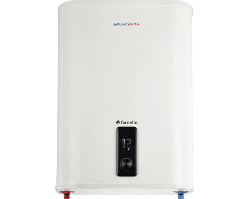 Boiler electric alb Aquacalda Fornello cu afișaj digital și buton rotativ de reglare.