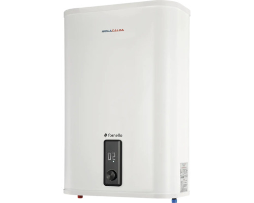 Boiler electric Aquacalda Fornello alb, design plat cu afișaj digital și buton rotativ pentru montare pe perete cu economie de spațiu.