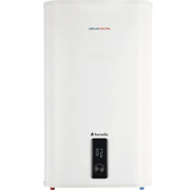 Boiler electric alb cu Aquacalda Logo, Fornello Logo, afișaj digital și buton rotativ de reglare.