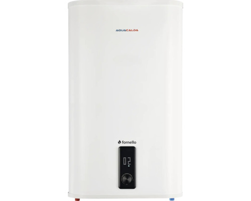 Boiler electric alb cu Aquacalda Logo, Fornello Logo, afișaj digital și buton rotativ de reglare.