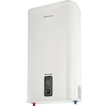 Boiler electric alb cu afișaj digital și buton de reglare. Logo Aquacalda și Logo Fornello.
