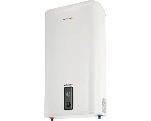 Boiler electric alb cu afișaj digital și buton de reglare. Logo Aquacalda și Logo Fornello.