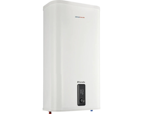 Boiler electric de apă în alb cu afișaj digital, buton rotativ, Aquacalda Logo și Fornello Logo.