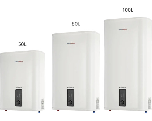 Trei boilere electrice Aquacalda Fornello de 50 litri, 80 litri și 100 litri cu afișaj digital.