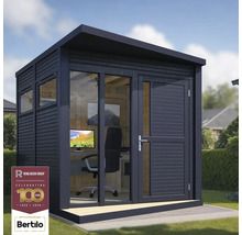 Birou de grădină negru cu ferestre, ușă și mobilier pe gazon