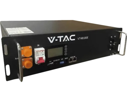 Acumulator de stocare V-TAC VT48100E pentru montare în rack cu afișaj și mânere metalice.