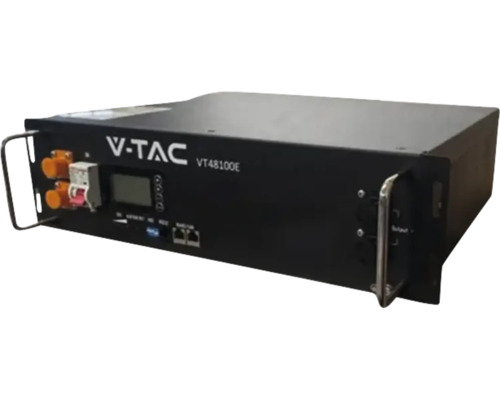 Baterie litiu fer fosfat V-TAC VT48100E pentru sisteme solare, montare în rack cu ecran și mânere.