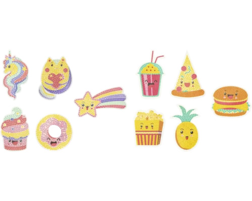 Set de autocolante cu motive diverse, precum unicorn, pisică, stea căzătoare, băutură, pizza, burger, înghețată, gogoașă, popcorn și ananas