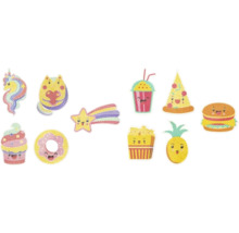 Set de autocolante cu motive diverse, precum unicorn, pisică, stea căzătoare, băutură, pizza, burger, înghețată, gogoașă, popcorn și ananas