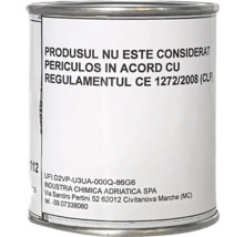 Cutie metalică cu etichetă și informații de siguranță privind clasificarea ca nepericulos conform regulamentului european 1272 din anul 2008.