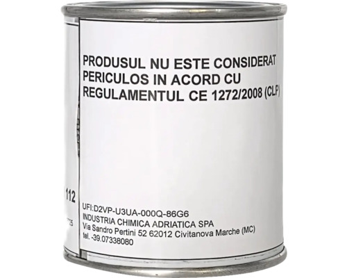 Cutie metalică cu etichetă și informații de siguranță privind clasificarea ca nepericulos conform regulamentului european 1272 din anul 2008.