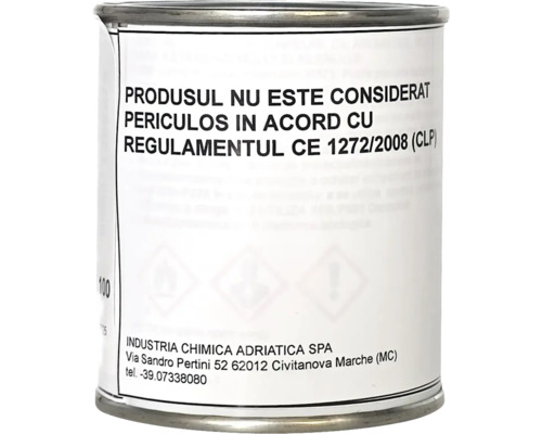 Etichetă de produs Industria Chimica Adriatica cu text în română despre clasificarea ca nepericulos conform regulamentului european 1272/2008.