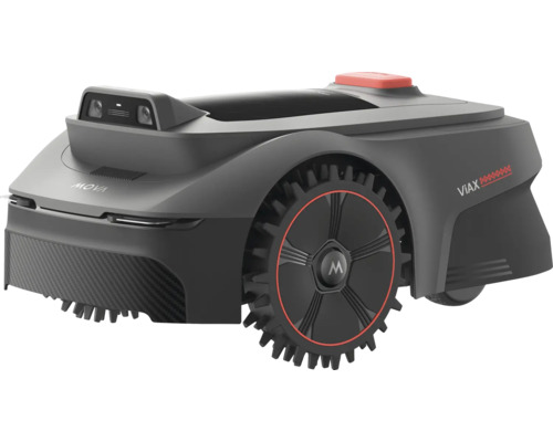 Robot de tuns iarba cu buton roșu și logo 'Mova'