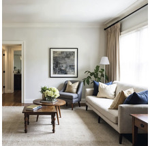 Living cu canapea, fotoliu, măsuță de cafea și operă de artă