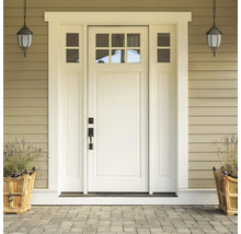 Ușă de intrare lăcuită alb, cu inserții de sticlă și elemente laterale luminoase, precum și corpuri de iluminat exterior