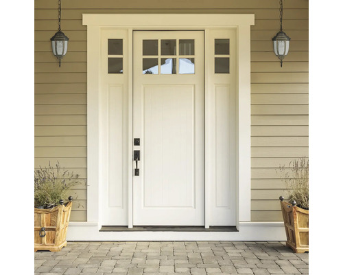 Ușă de intrare lăcuită alb, cu inserții de sticlă și elemente laterale luminoase, precum și corpuri de iluminat exterior