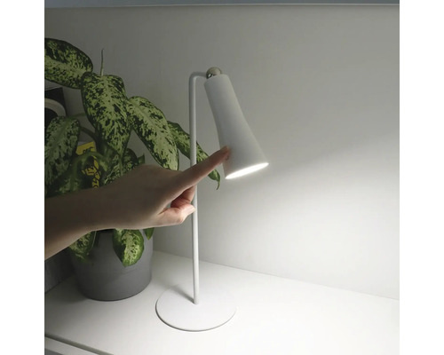 Lampă de birou albă operată cu un deget, lângă o plantă de interior.