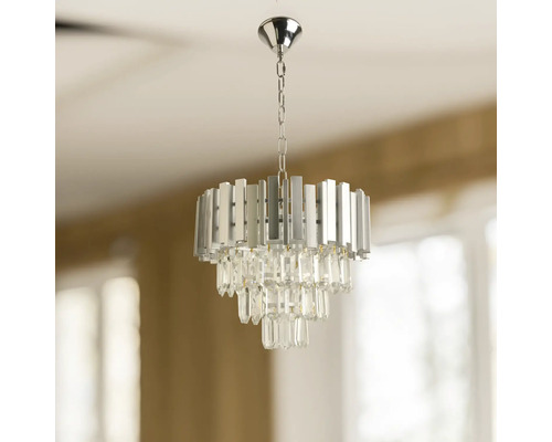 Lumină de plafon cu cadru argintiu și pandantive transparente din cristal