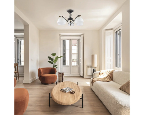 Cameră de zi cu plafonieră, canapea, fotoliu și masă din lemn