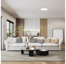 Living luminos cu canapea, măsuță de cafea și bucătărie în fundal