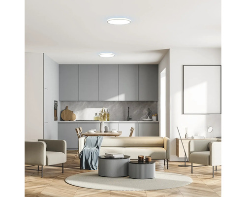 Cameră de zi modernă cu bucătărie încorporată, lămpi de tavan și decor minimalist