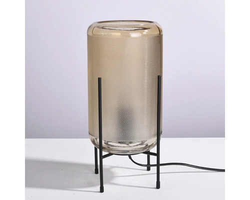 Lampă de masă decorativă cu cilindru de sticlă și bază metalică neagră
