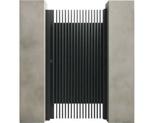 Poartă de grădină cu bare verticale între doi stâlpi de beton