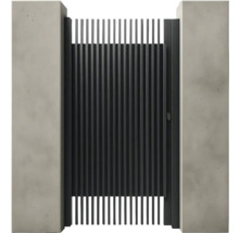 Poartă de grădină cu lamele verticale între doi stâlpi de beton