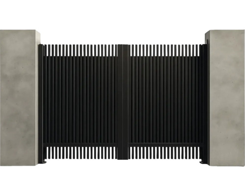 Poartă dublă metalică cu stâlpi verticali și stâlpi de beton