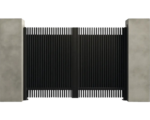 Poartă de grădină neagră cu stâlpi din beton