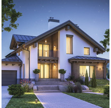 Exteriorul unei case de familie moderne cu grădină, la amurg